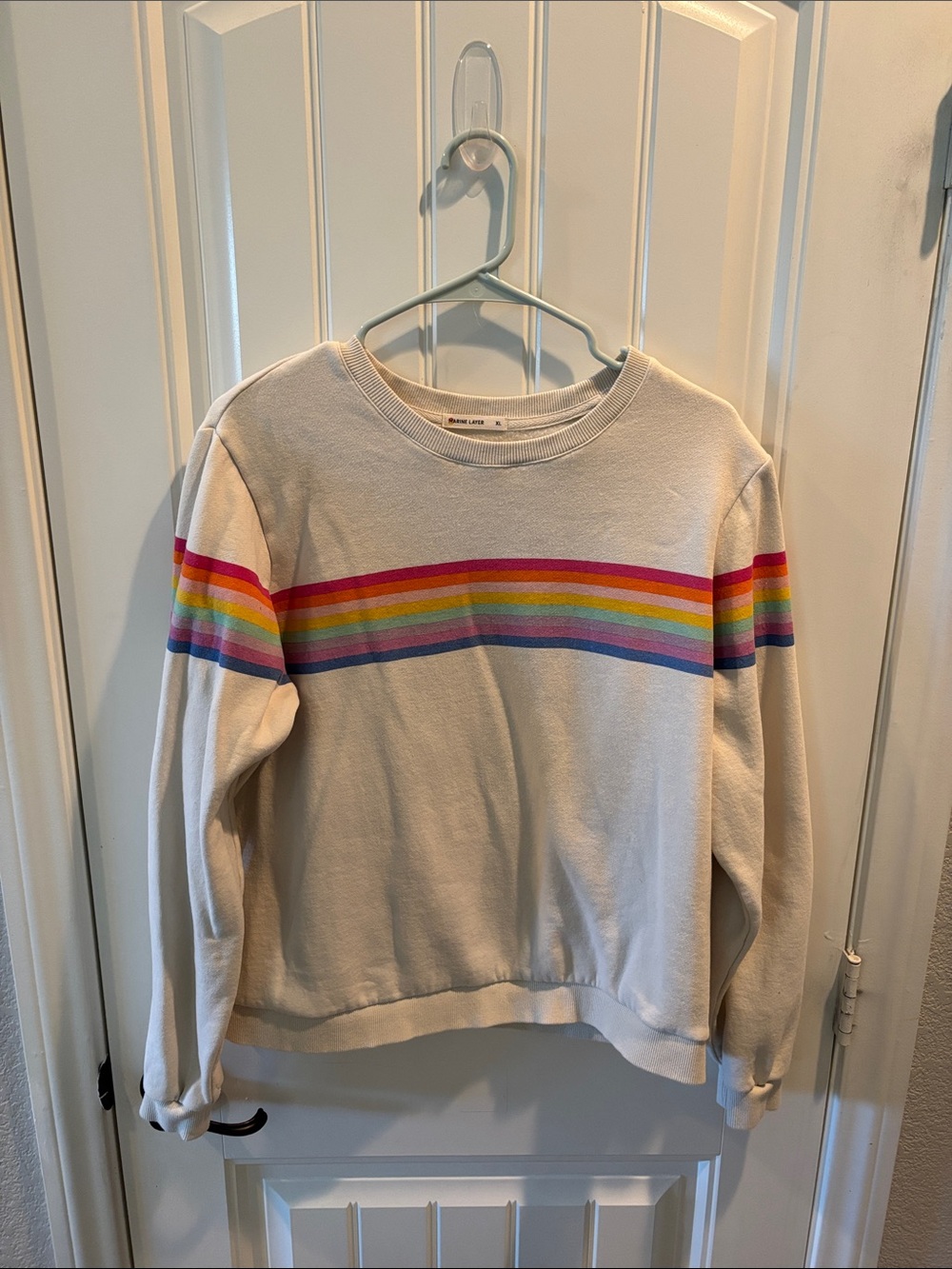 Marine Layer Cream Crewneck with Rainbow Chest Stripes